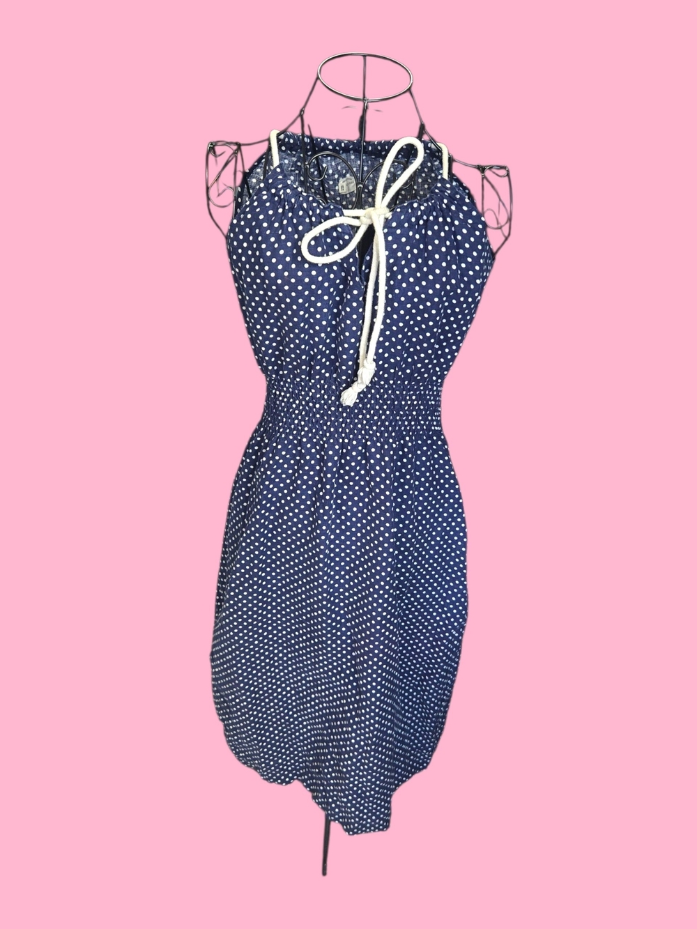 Navy Polka Dot Halter Sundress with Rope Tie